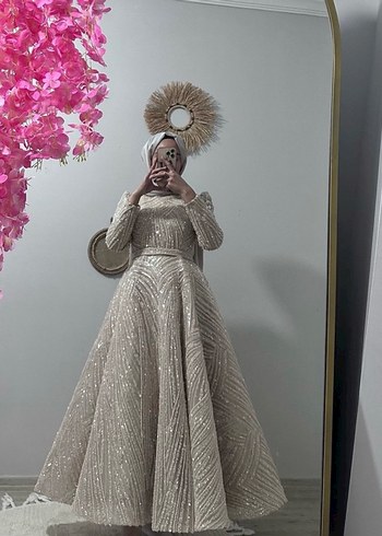 Bej Drapeli Uzun Kadın Abiye Elbise - Görsel 2