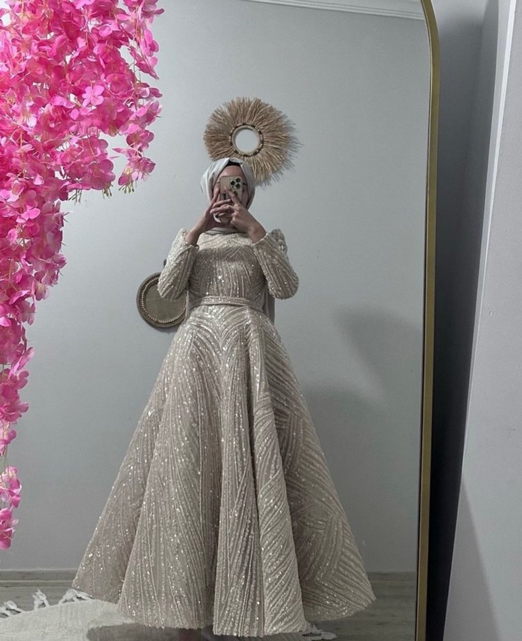 Bej Drapeli Uzun Kadın Abiye Elbise - Görsel 2