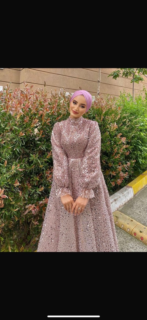 Işıltılı Pembe Uzun Tesettür Abiye Elbise - Görsel 2