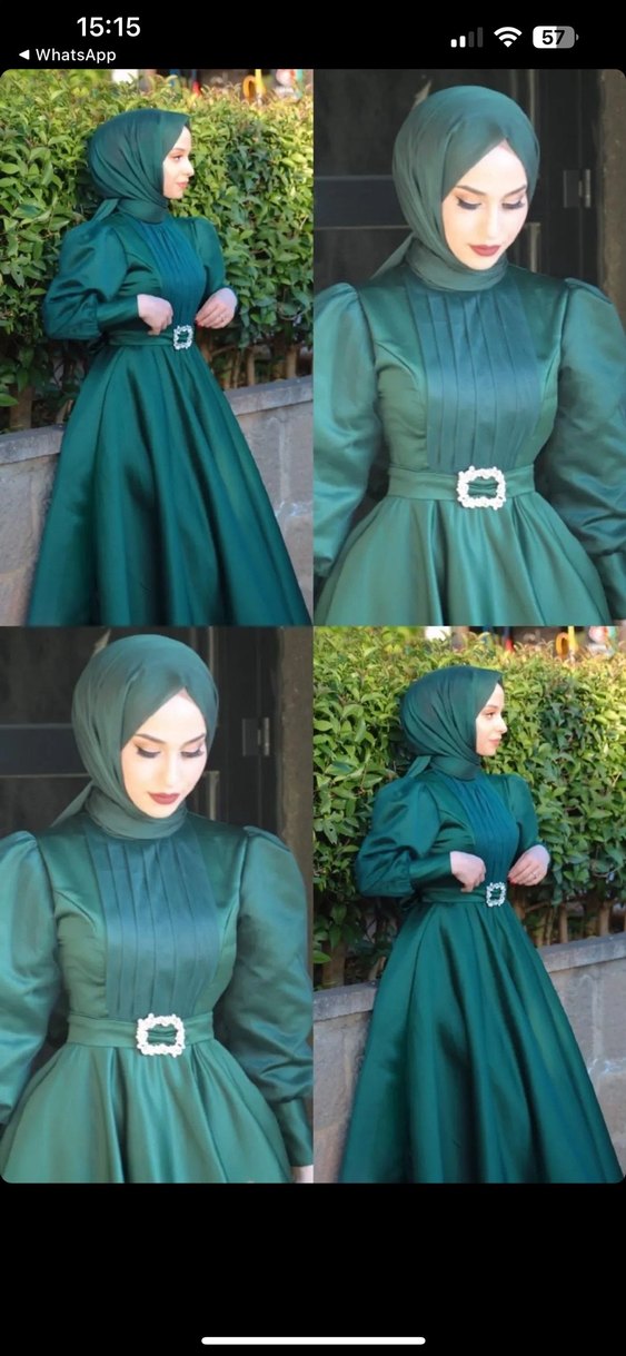 Yeşil Uzun Kollu Drapeli Abiye Elbise - Görsel 2