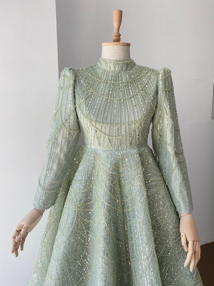 Boncuk İşlemeli Uzun Kol Khaki Nişan Elbisesi - Görsel 2