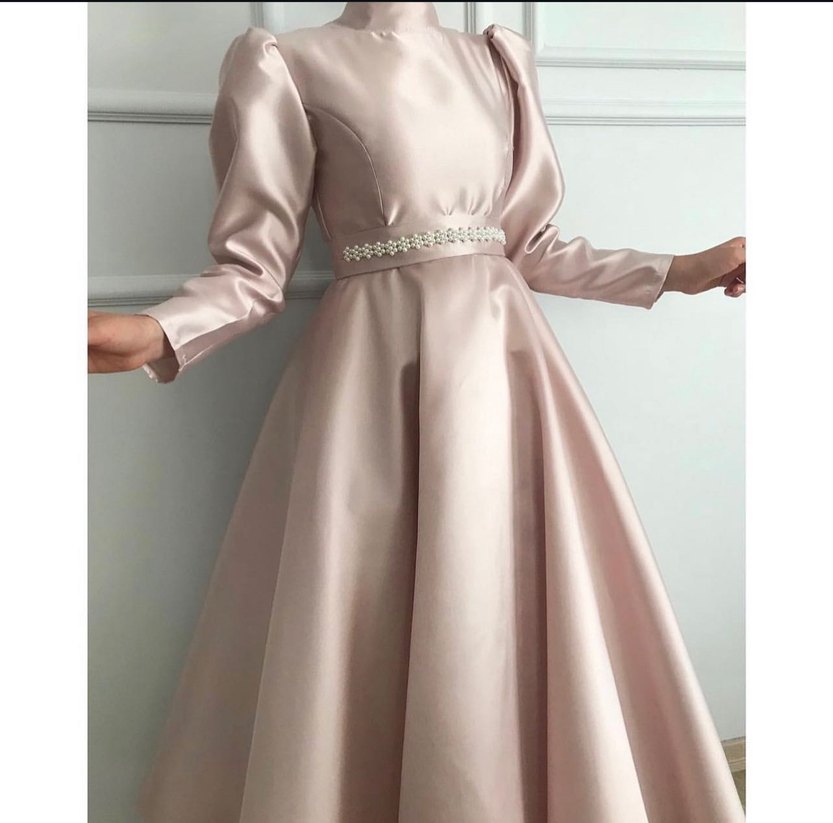 Bej Parlak Uzun Kollu Drapeli Abiye Elbise - Görsel 3