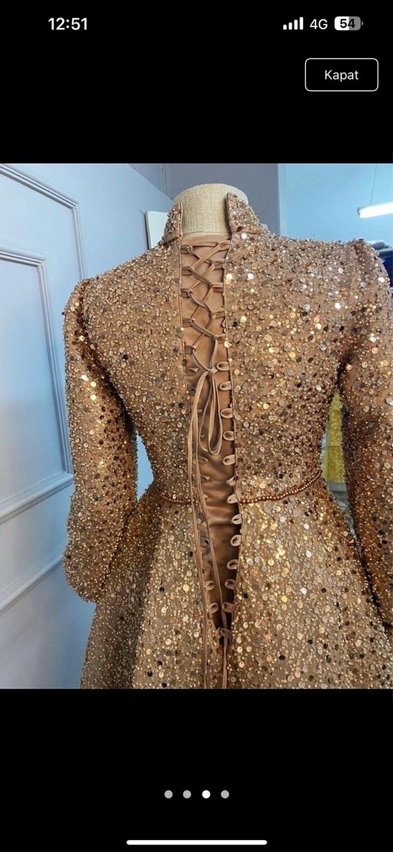 Pırıltılı Gold Uzun Kollu Nişan Elbisesi - Görsel 2