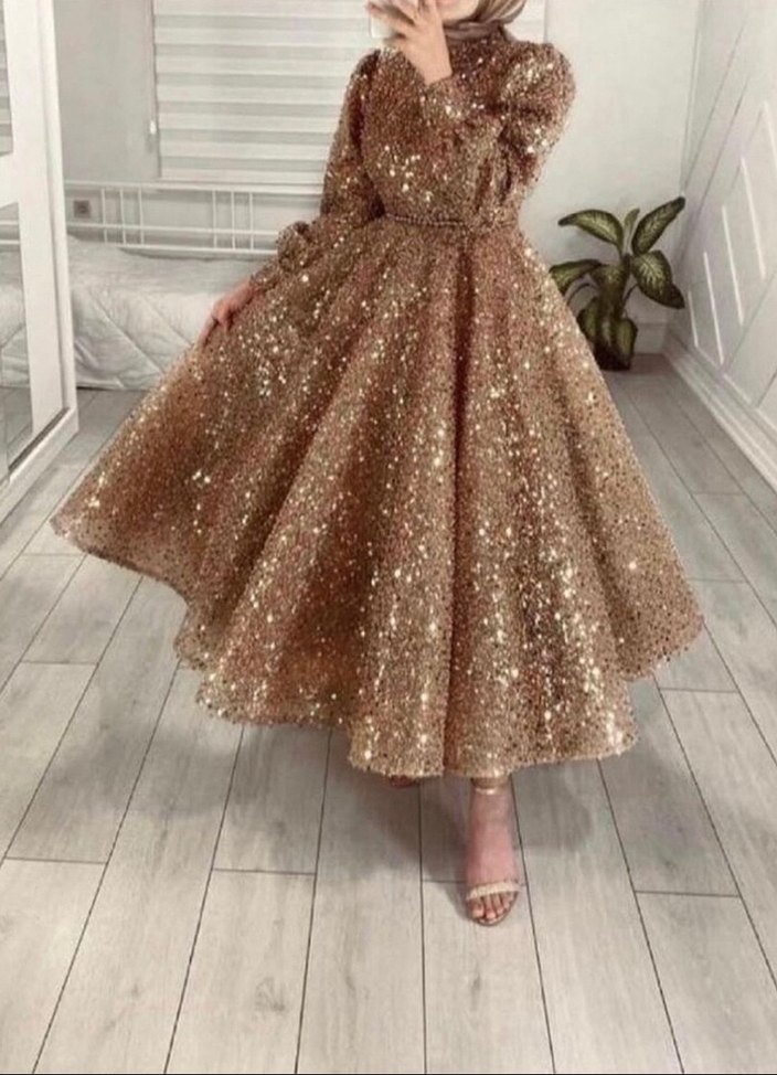 Pırıltılı Gold Uzun Kollu Nişan Elbisesi - Görsel 3