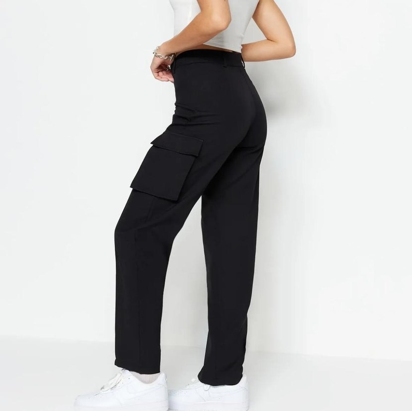 siyah kargo straight/Düz kesim dokuma çift cepli dokuma pantolon - Görsel 2
