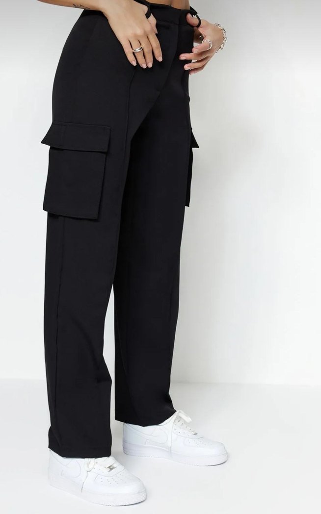siyah kargo straight/Düz kesim dokuma çift cepli dokuma pantolon - Görsel 3