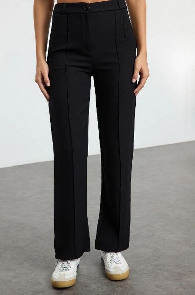 siyah stright/düz kesim yüksekbel nervür dikişli dokuma pantolon - Görsel 2