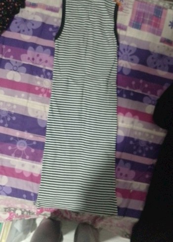 Çizgili Yüksek Yakalı Uzun Elbise - Görsel 2