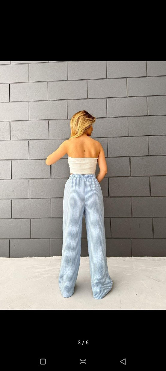 Mavi Çizgili Pilili Kadın Denim Pantolon - Görsel 2