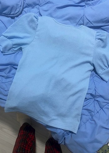 Mavi Kısa Kollu Dar Kesim Kadın Bluz - Görsel 3