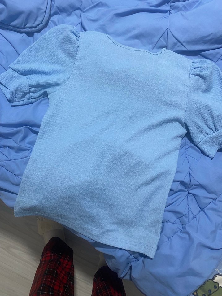 Mavi Kısa Kollu Dar Kesim Kadın Bluz - Görsel 3