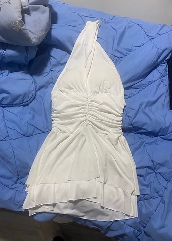 Beyaz Drapeli V Yakalı Midi Elbise - Görsel 2