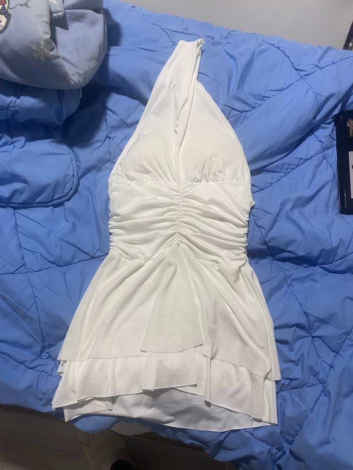 Beyaz Drapeli V Yakalı Midi Elbise - Görsel 2