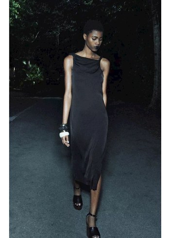 Zara Siyah saten yırtmaçlı midi elbise - Görsel 5