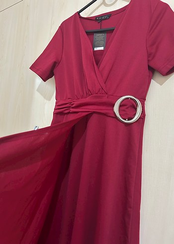 Bordo Kemerli Midi Boy Elbise