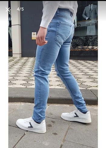 Erkek Mavi Skinny Fit Diz Yırtıklı Likralı Kot Pantolon - Görsel 2