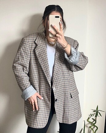 Vintage oversize ekoseli blazer ceket