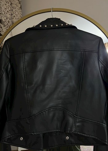 38 Beden siyah Renk Siyah Deri Biker Ceket, Tokalı, Nakışlı
