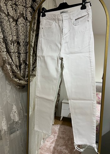 Beyaz Midi Kadın Kot Pantolon