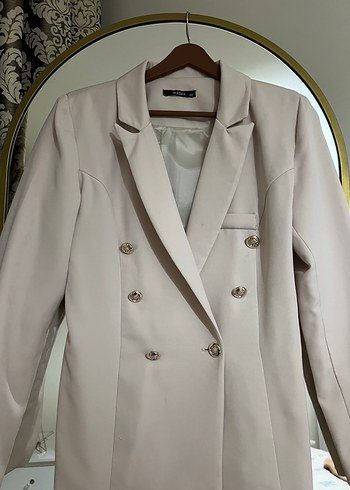 Bej Düğmeli Midi Kadın Blazer Ceket - Görsel 3