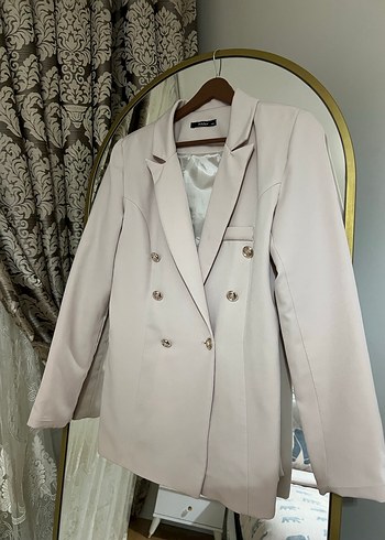 Bej Düğmeli Midi Kadın Blazer Ceket - Görsel 2