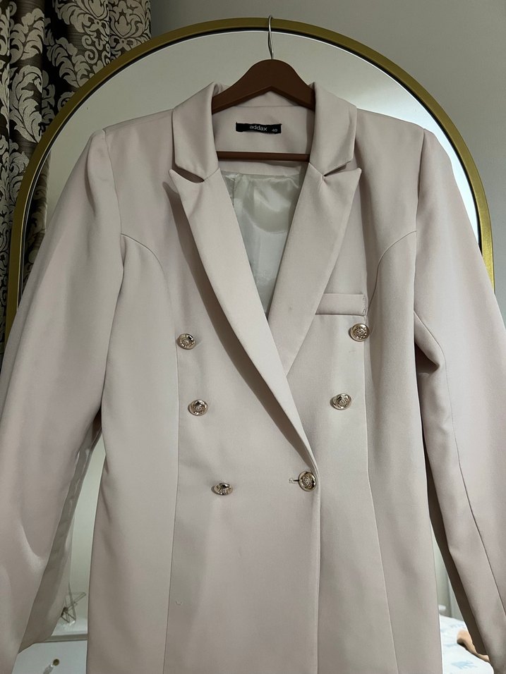 Bej Düğmeli Midi Kadın Blazer Ceket - Görsel 3