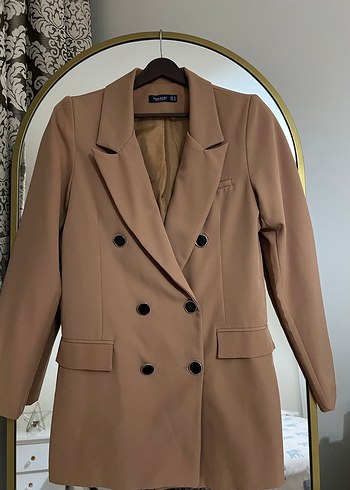 Bej Düğmeli Kadın Midi Blazer Ceket - Görsel 2