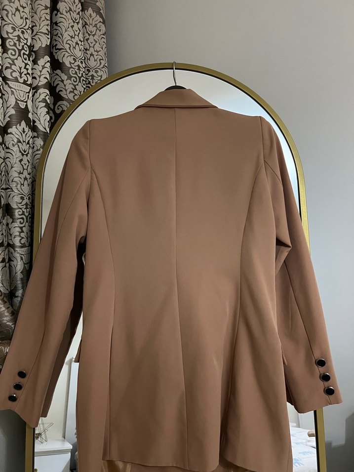 Bej Düğmeli Kadın Midi Blazer Ceket - Görsel 4