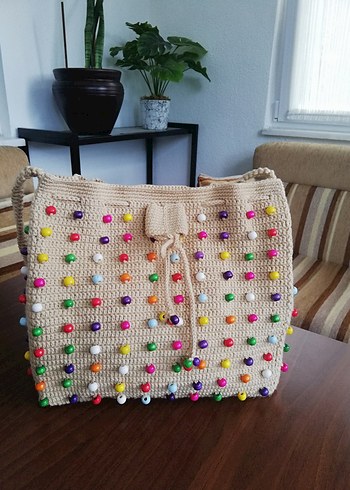 Boncuklu Örgü Kadın ÇANTA 35. 40 cm astarlı çıtçıtlı. - Görsel 3