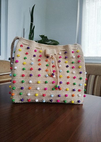 Boncuklu Örgü Kadın ÇANTA 35. 40 cm astarlı çıtçıtlı. - Görsel 2