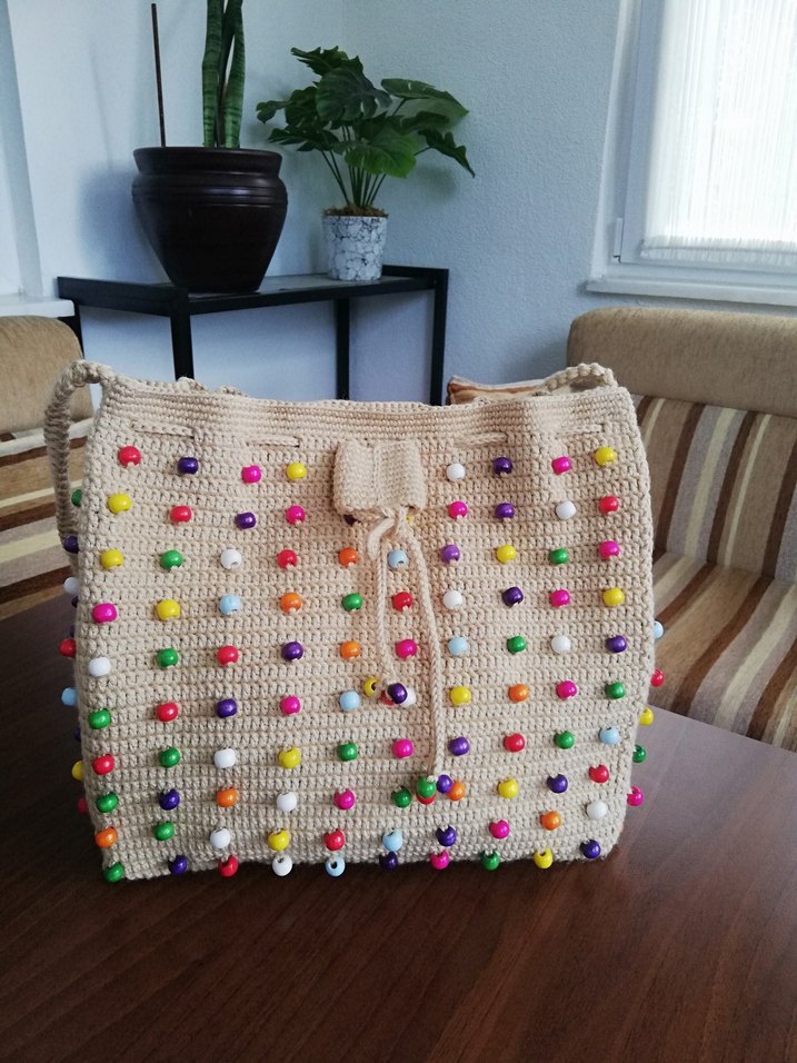 Boncuklu Örgü  Kadın ÇANTA 35. 40 cm astarlı çıtçıtlı. - Görsel 3