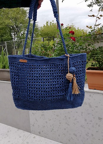 İndigo kağıt ip Örgü Çanta Püsküllü - Görsel 2