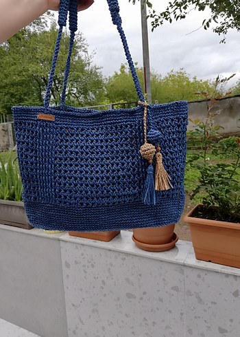 İndigo kağıt ip Örgü Çanta Püsküllü - Görsel 4