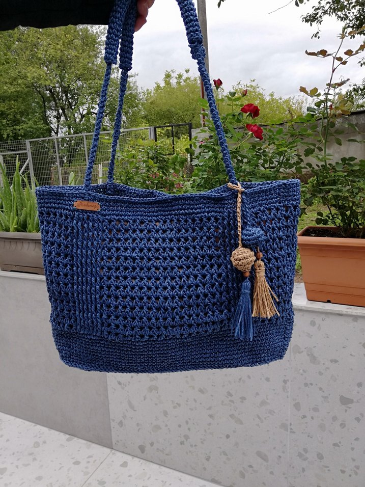 İndigo kağıt ip Örgü Çanta Püsküllü - Görsel 2