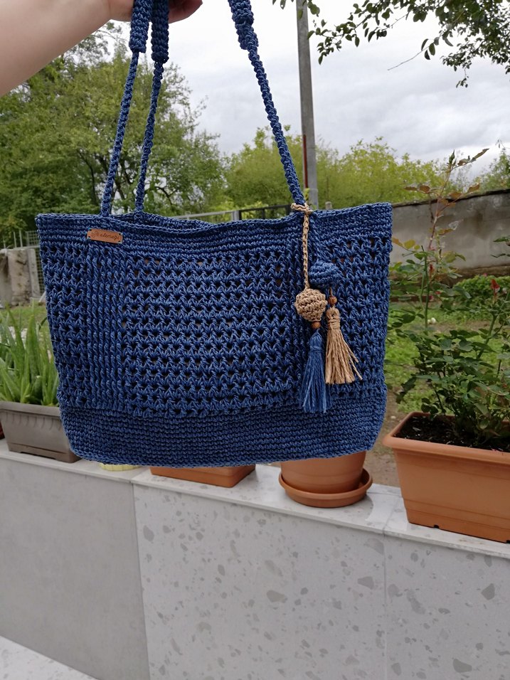 İndigo kağıt ip Örgü Çanta Püsküllü - Görsel 4