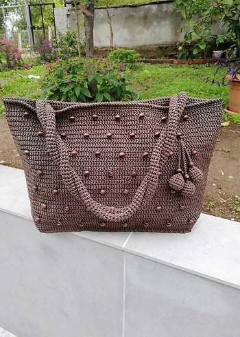 Boncuk İşlemeli Örgü Kahverengi Kadın Çanta - Görsel 2