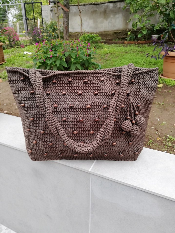 Boncuk İşlemeli Örgü Kahverengi Kadın Çanta - Görsel 2