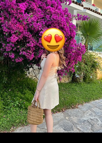 Bej Keten Askılı Midi Mini Elbise - Görsel 6