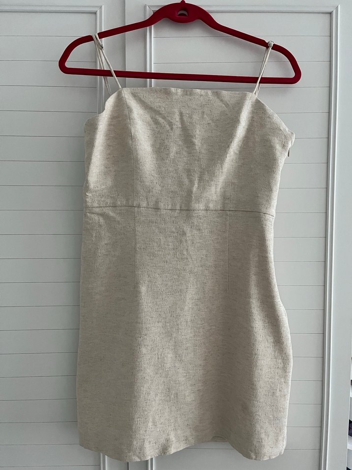 Bej Keten Askılı Midi Mini Elbise - Görsel 2