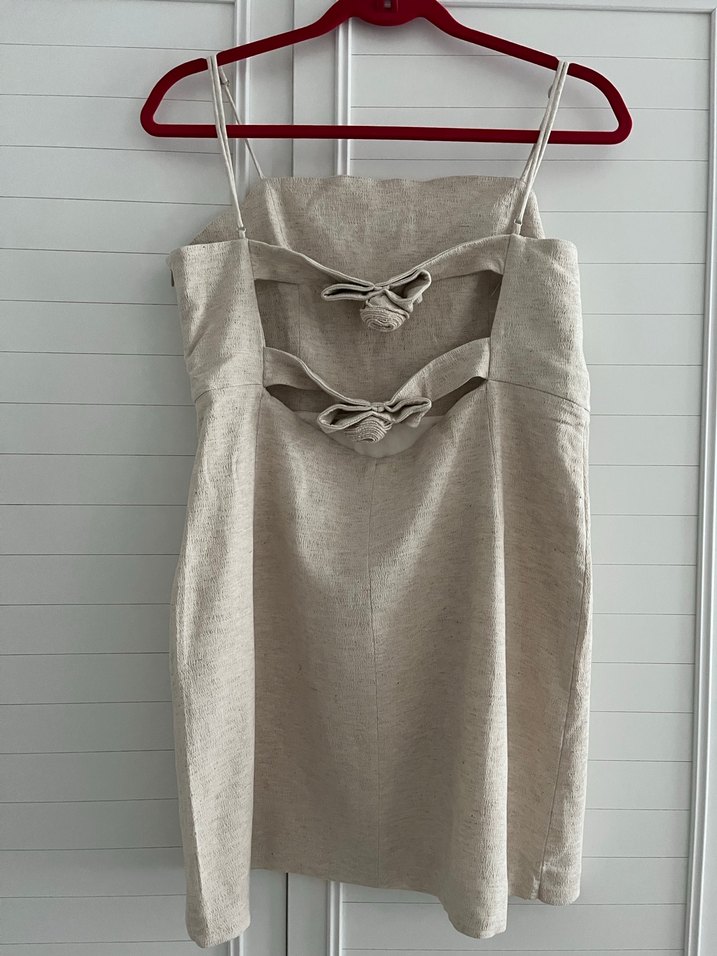 Bej Keten Askılı Midi Mini Elbise - Görsel 3