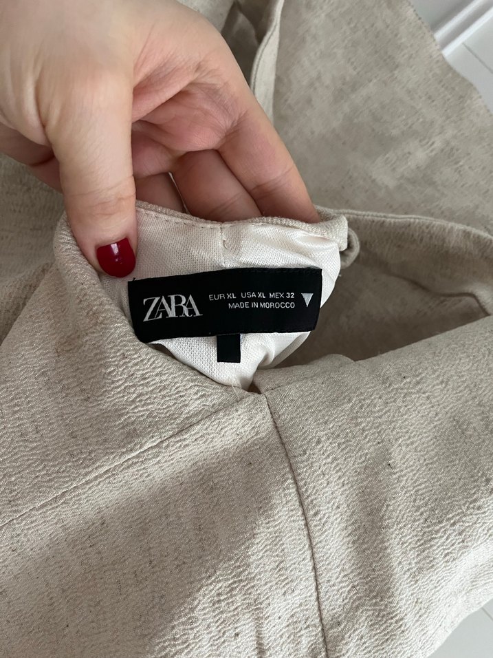 Bej Keten Askılı Midi Mini Elbise - Görsel 4