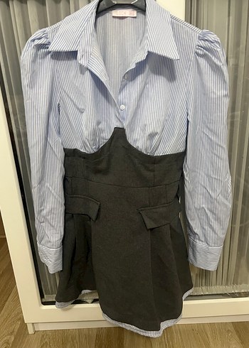 Düğmeli Çizgili Gri Kadın Midi Gömlek - Görsel 2