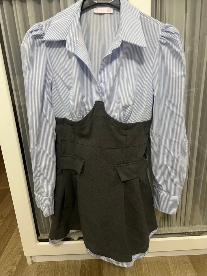 Düğmeli Çizgili Gri Kadın Midi Gömlek - Görsel 2