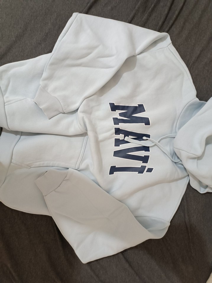 Mavi Kapüşonlu Rahat Sweatshirt - Görsel 5