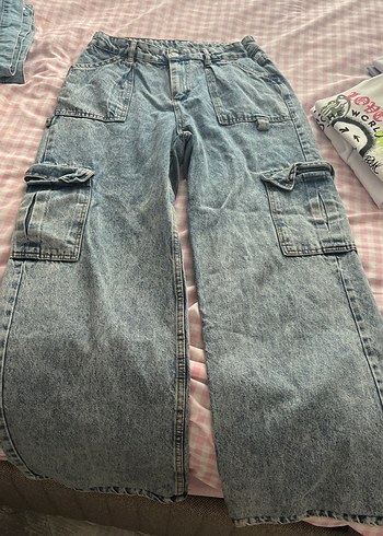 Diğer Acik Mavi Yikamali Genis Paca Denim Pantolon