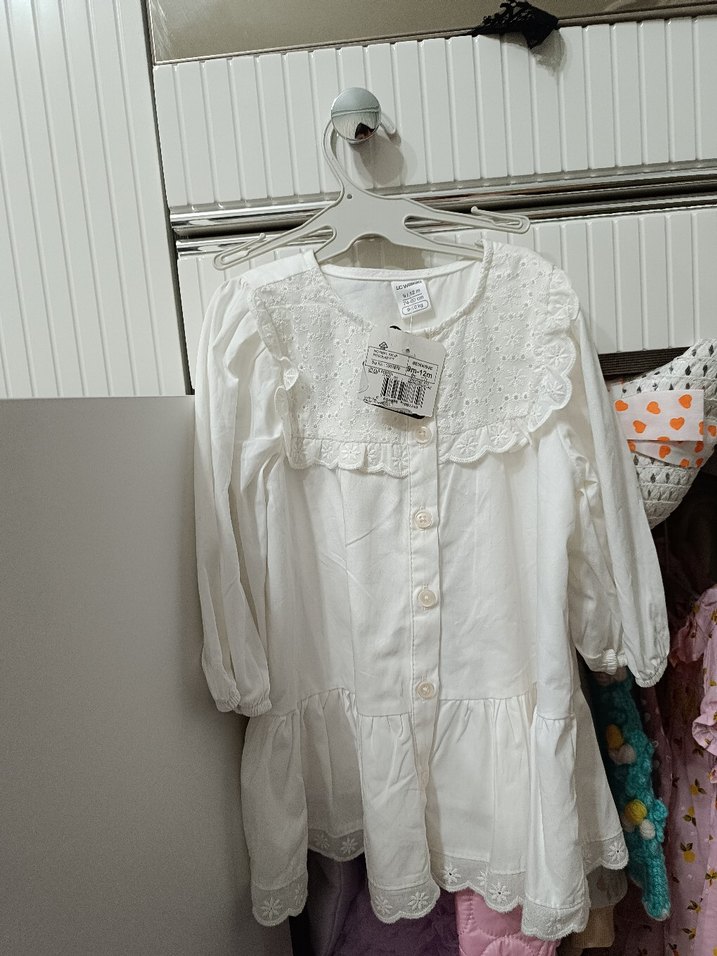 Kız Çocuk Beyaz Nakışlı Pamuklu elbise - Görsel 5