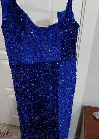 Mavi Uzun Drapeli Abiye Elbise - Görsel 3