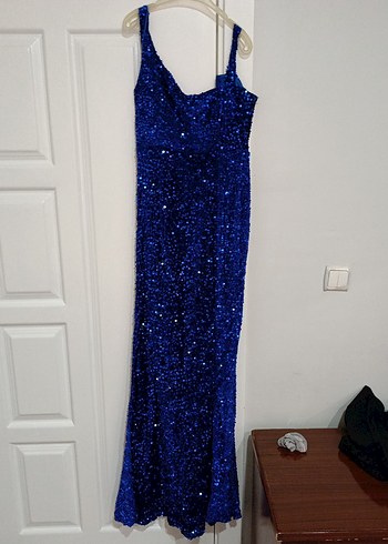 Mavi Uzun Drapeli Abiye Elbise - Görsel 2