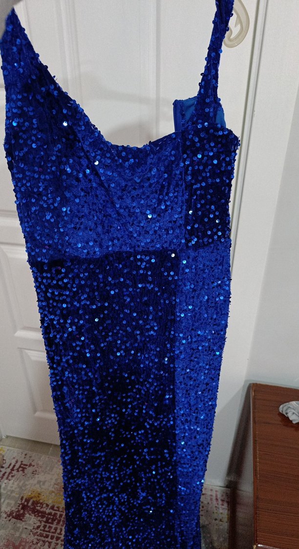 Mavi Uzun Drapeli Abiye Elbise - Görsel 3