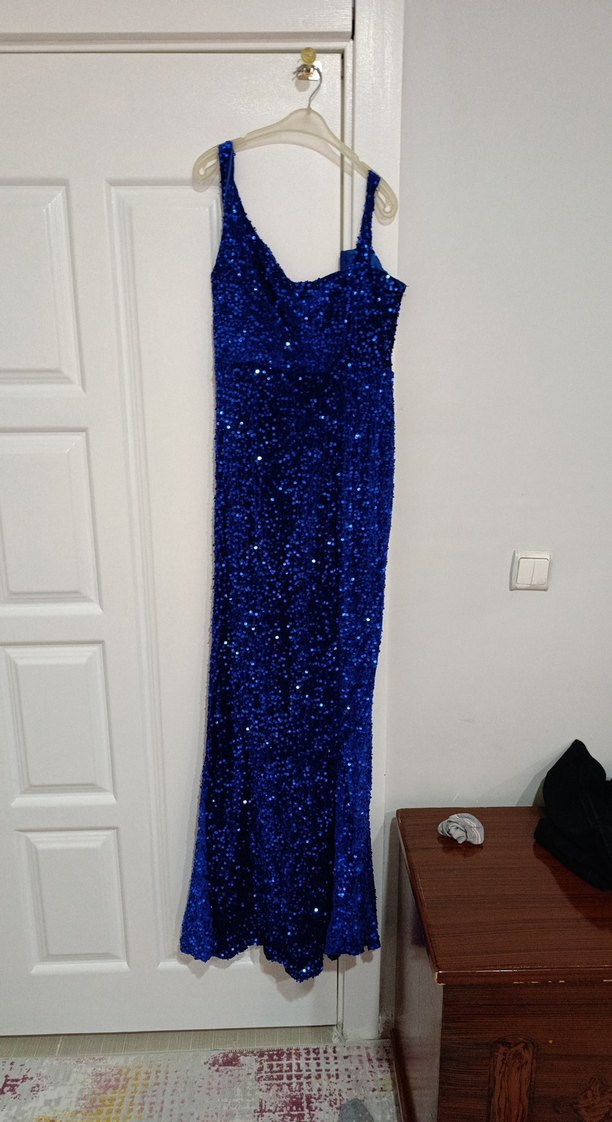 Mavi Uzun Drapeli Abiye Elbise - Görsel 2